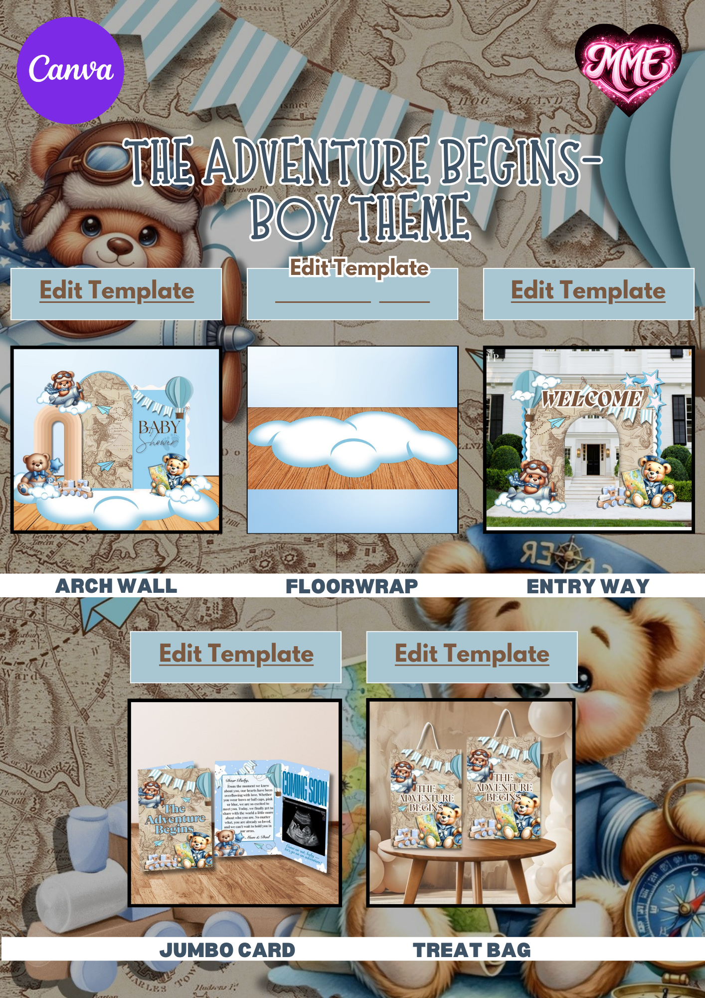 Boy Adventure Begins Baby Shower Canva Template -Digital Download | Minted Moments